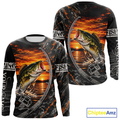 Black And Sunset Camo Custom Largemouth Bass Fishing Team Shirts, Bass Fishing Jerseys NBT1240