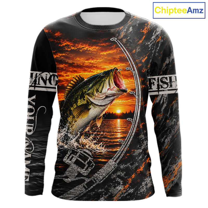 Black And Sunset Camo Custom Largemouth Bass Fishing Team Shirts, Bass Fishing Jerseys NBT1240
