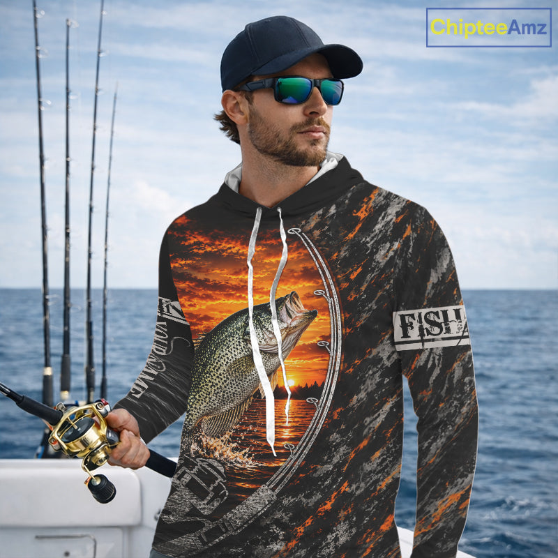 Black And Sunset Camo Custom Crappie Hooded Fishing Team Shirts, Crappie Fishing Jerseys NBT1241