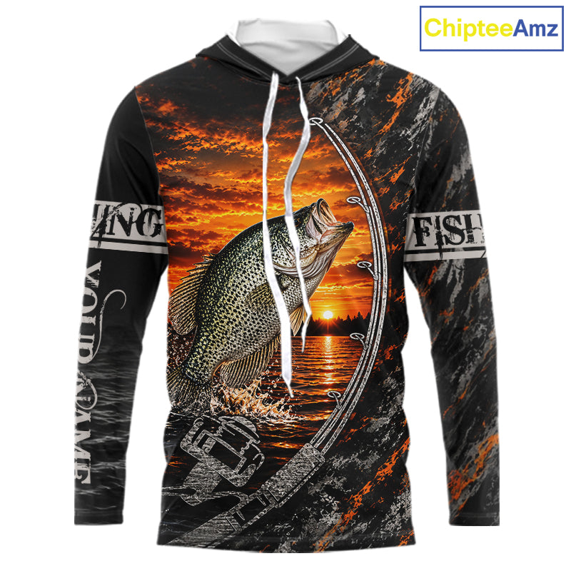 Black And Sunset Camo Custom Crappie Hooded Fishing Team Shirts, Crappie Fishing Jerseys NBT1241
