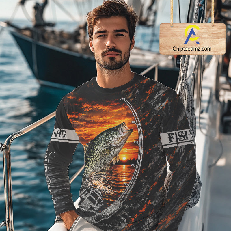 Black And Sunset Camo Custom Crappie Fishing Team Shirts, Crappie Fishing Jerseys NBT1241