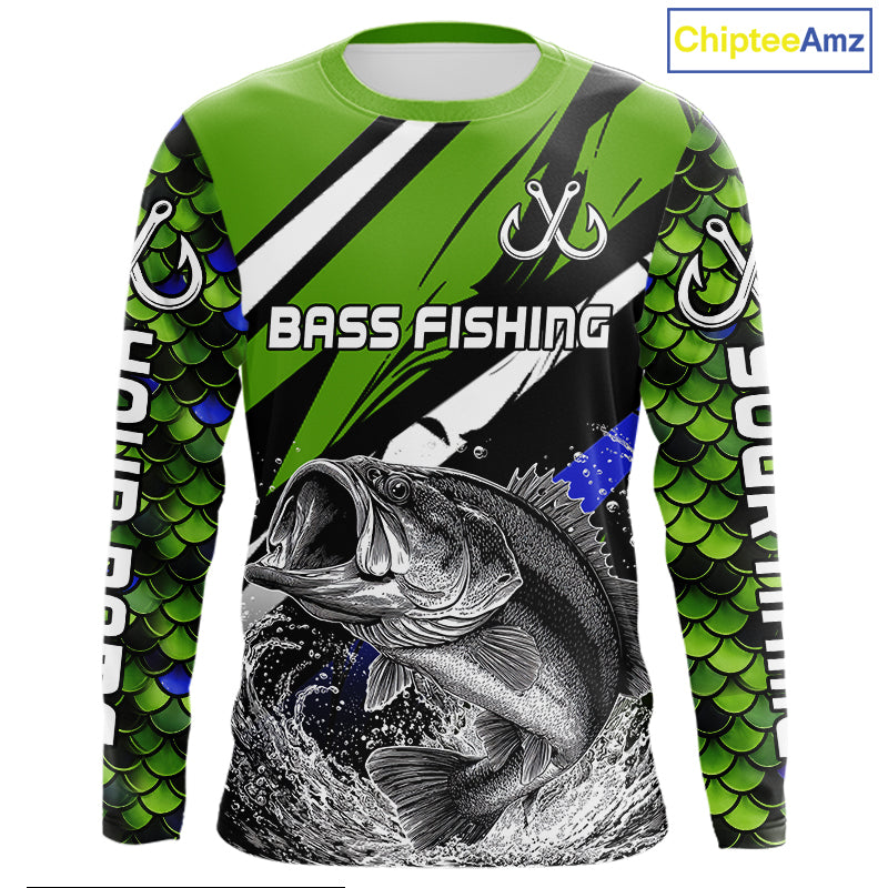 Personalized Green Fish Scale Bass Fishing Jumping Jersey, Custom Performance Bass Shirt NBT346