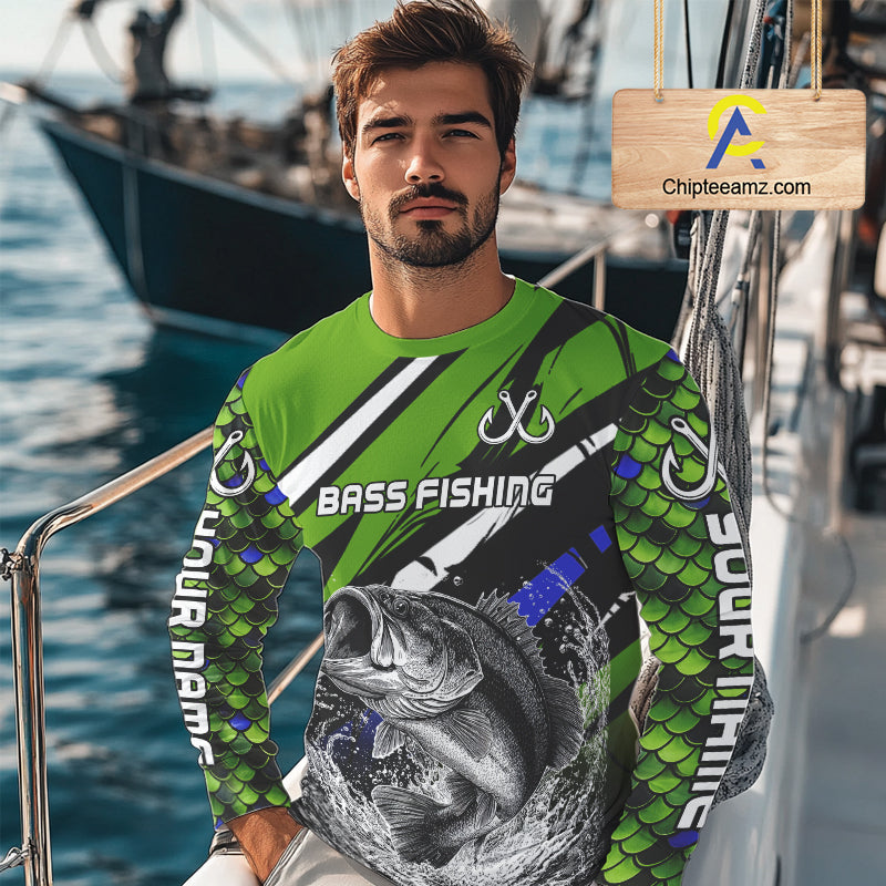 Personalized Green Fish Scale Bass Fishing Jumping Jersey, Custom Performance Bass Shirt NBT346