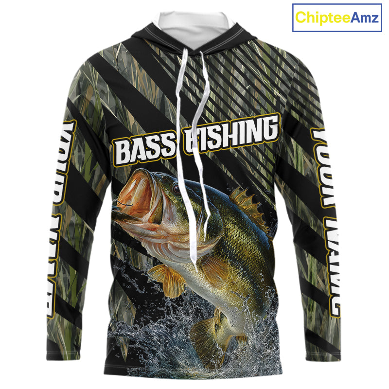 Personalized Reed Camo Bass Fishing Long Sleeve Hooded Shirts, Custom Bass Tournament Jerseys|Green NBT347