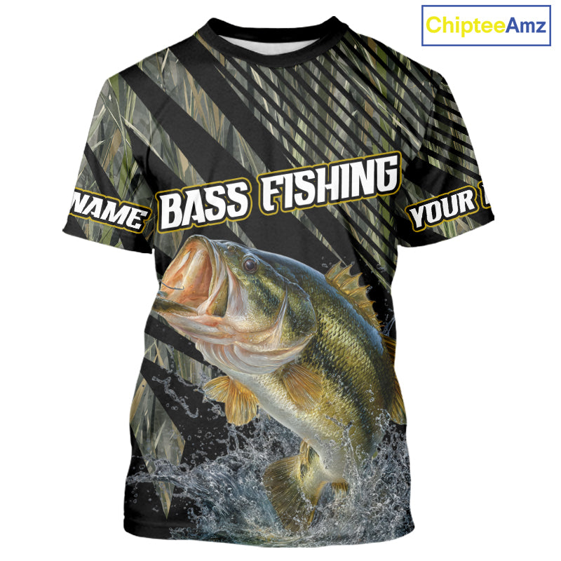 Personalized Reed Camo Bass Fishing Shirts, Custom Bass Tournament Jerseys|Green NBT347