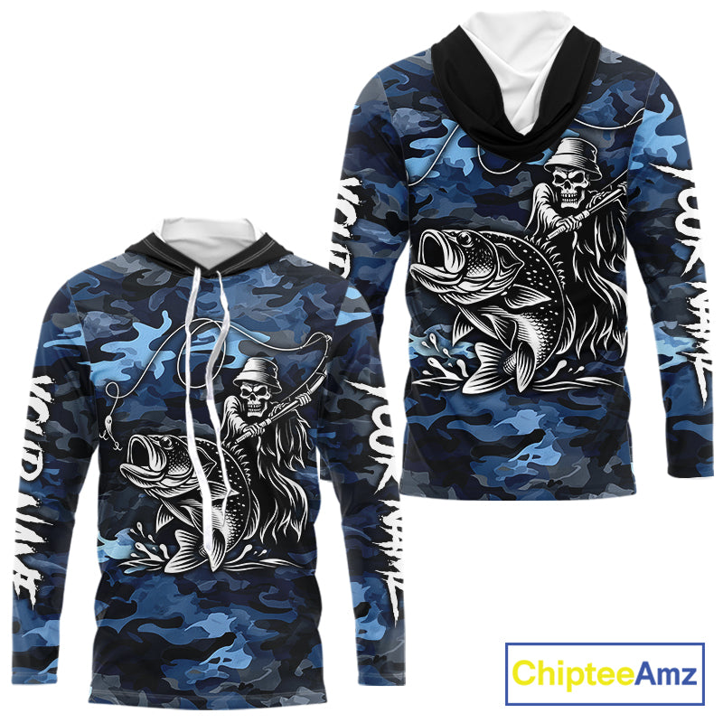 Reaper Fishing Largemouth Bass Long Sleeve Hooded Fishing Shirts Blue Camo, Camo Fishing Shirt NBT391