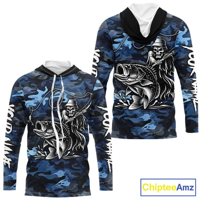 Reaper Fishing Largemouth Bass Long Sleeve Hooded Fishing Shirts Blue Camo, Camo Fishing Shirt NBT391