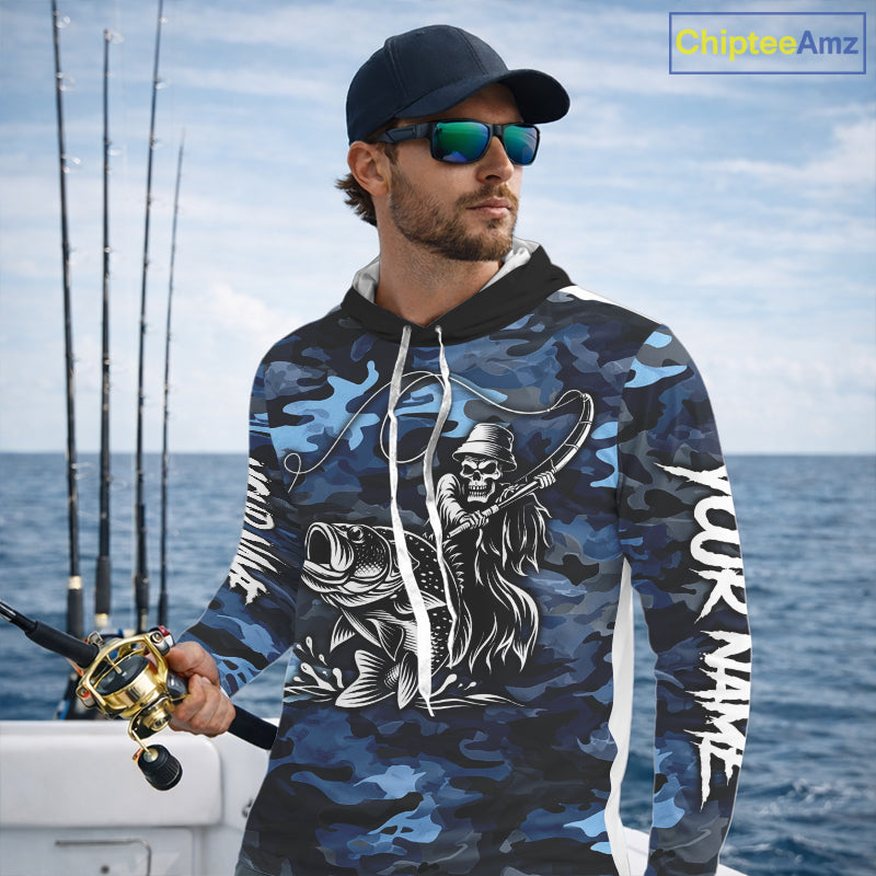 Reaper Fishing Largemouth Bass Long Sleeve Hooded Fishing Shirts Blue Camo, Camo Fishing Shirt NBT391