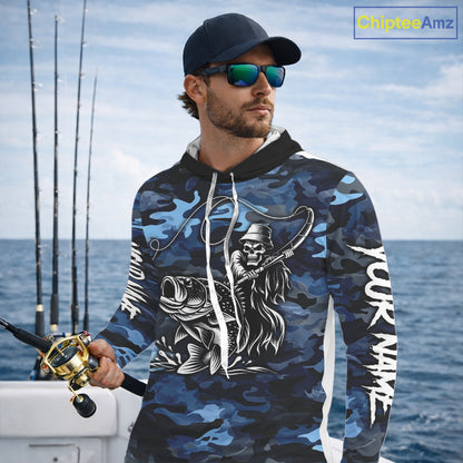 Reaper Fishing Largemouth Bass Long Sleeve Hooded Fishing Shirts Blue Camo, Camo Fishing Shirt NBT391