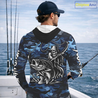 Reaper Fishing Largemouth Bass Long Sleeve Hooded Fishing Shirts Blue Camo, Camo Fishing Shirt NBT391