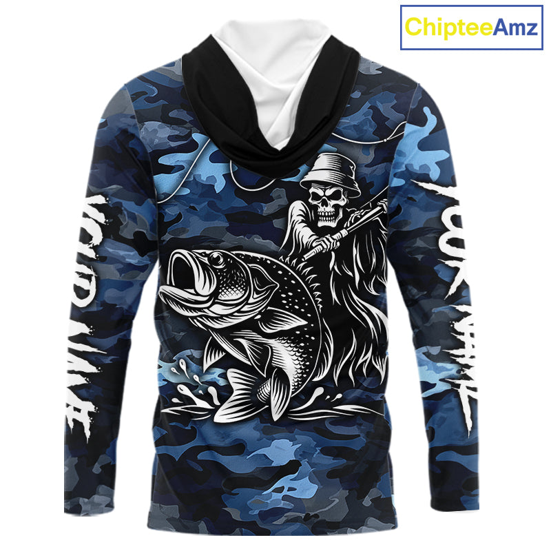Reaper Fishing Largemouth Bass Long Sleeve Hooded Fishing Shirts Blue Camo, Camo Fishing Shirt NBT391