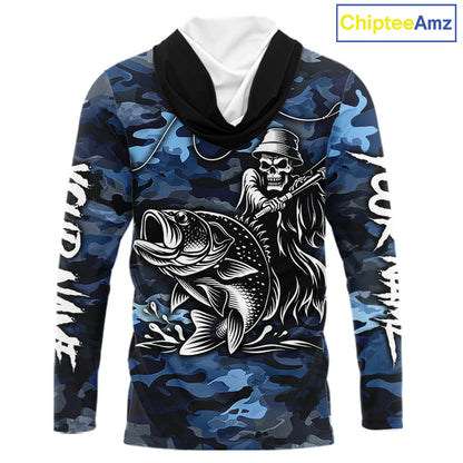 Reaper Fishing Largemouth Bass Long Sleeve Hooded Fishing Shirts Blue Camo, Camo Fishing Shirt NBT391