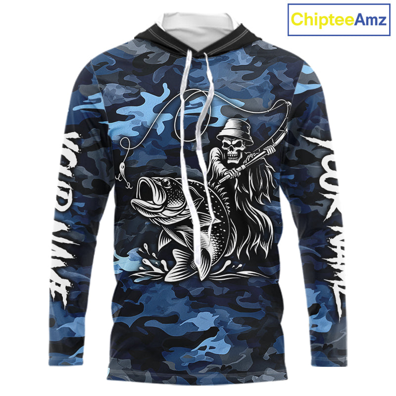Reaper Fishing Largemouth Bass Long Sleeve Hooded Fishing Shirts Blue Camo, Camo Fishing Shirt NBT391