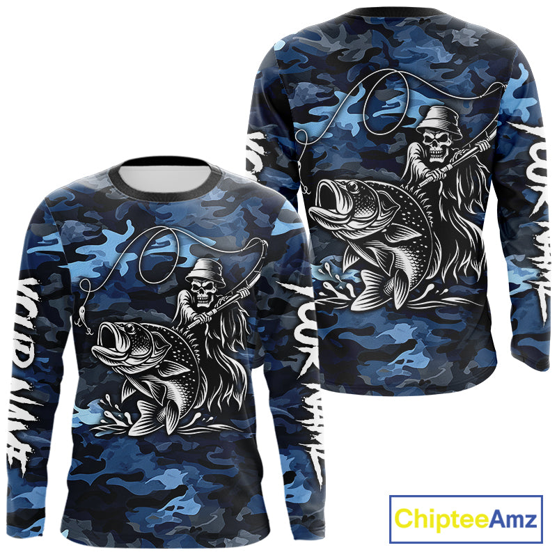 Reaper Fishing Largemouth Bass Long Sleeve Fishing Shirts Blue Camo, Camo Fishing Shirt NBT391