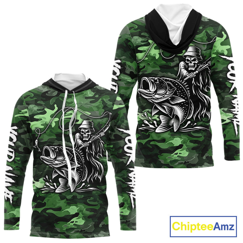 Reaper Fishing Largemouth Bass Long Sleeve Hooded Fishing Shirts Green Camo, Camo Fishing Shirt NBT392