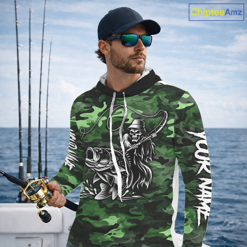 Reaper Fishing Largemouth Bass Long Sleeve Hooded Fishing Shirts Green Camo, Camo Fishing Shirt NBT392
