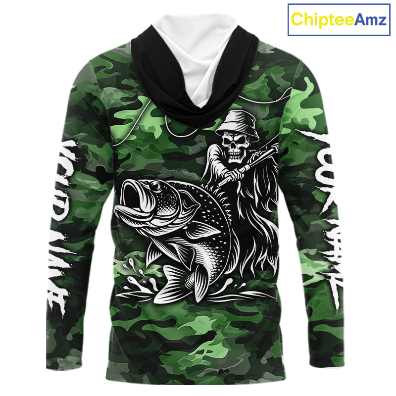 Reaper Fishing Largemouth Bass Long Sleeve Hooded Fishing Shirts Green Camo, Camo Fishing Shirt NBT392