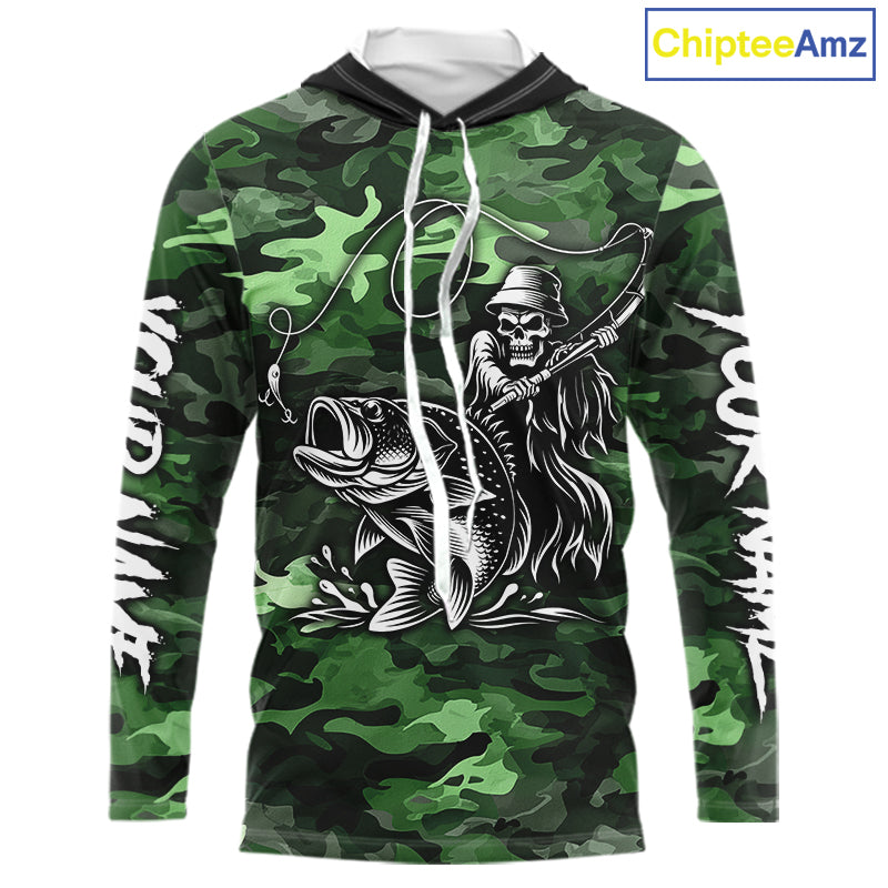 Reaper Fishing Largemouth Bass Long Sleeve Hooded Fishing Shirts Green Camo, Camo Fishing Shirt NBT392