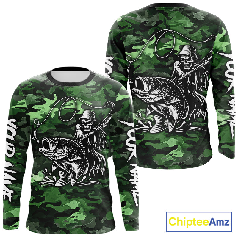 Reaper Fishing Largemouth Bass Long Sleeve Fishing Shirts Green Camo, Camo Fishing Shirt NBT392