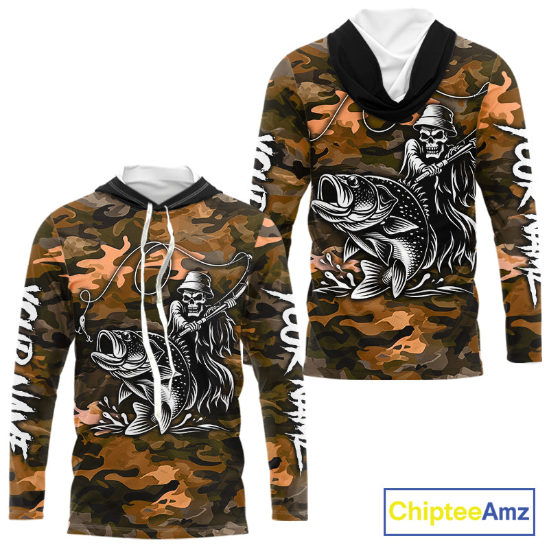 Reaper Fishing Largemouth Bass Long Sleeve Hooded Fishing Shirts Orange Camo, Camo Fishing Shirt NBT393