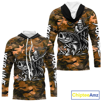 Reaper Fishing Largemouth Bass Long Sleeve Hooded Fishing Shirts Orange Camo, Camo Fishing Shirt NBT393