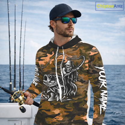 Reaper Fishing Largemouth Bass Long Sleeve Hooded Fishing Shirts Orange Camo, Camo Fishing Shirt NBT393