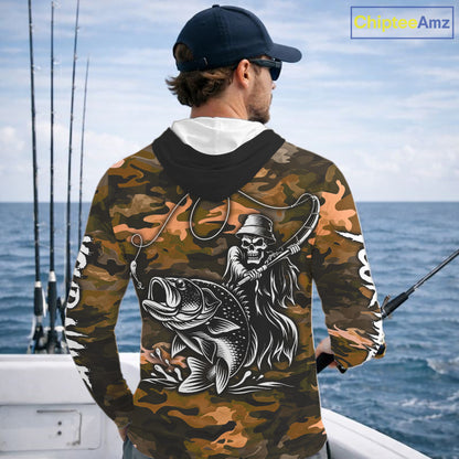 Reaper Fishing Largemouth Bass Long Sleeve Hooded Fishing Shirts Orange Camo, Camo Fishing Shirt NBT393
