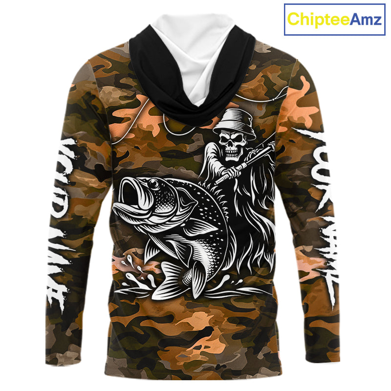 Reaper Fishing Largemouth Bass Long Sleeve Hooded Fishing Shirts Orange Camo, Camo Fishing Shirt NBT393