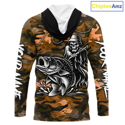 Reaper Fishing Largemouth Bass Long Sleeve Hooded Fishing Shirts Orange Camo, Camo Fishing Shirt NBT393