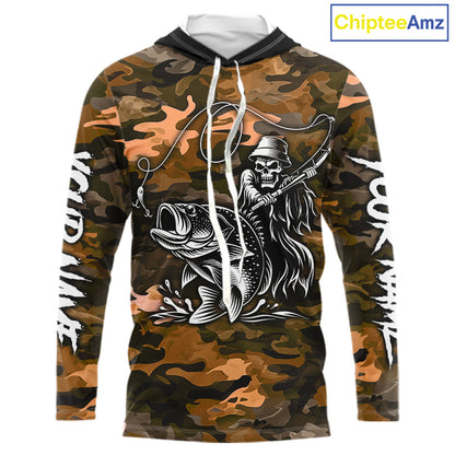 Reaper Fishing Largemouth Bass Long Sleeve Hooded Fishing Shirts Orange Camo, Camo Fishing Shirt NBT393