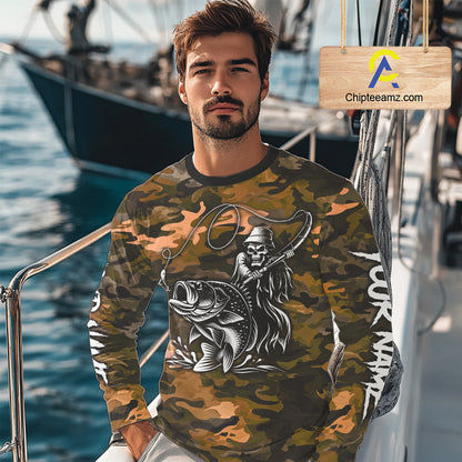 Reaper Fishing Largemouth Bass Long Sleeve Fishing Shirts Orange Camo, Camo Fishing Shirt NBT393