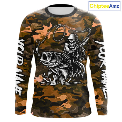 Reaper Fishing Largemouth Bass Long Sleeve Fishing Shirts Orange Camo, Camo Fishing Shirt NBT393