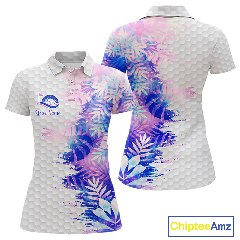 Womens Golf Polo Shirts Custom Hologram Tropical Leaves Golf Shirts, Womens Golf Tops NBT544