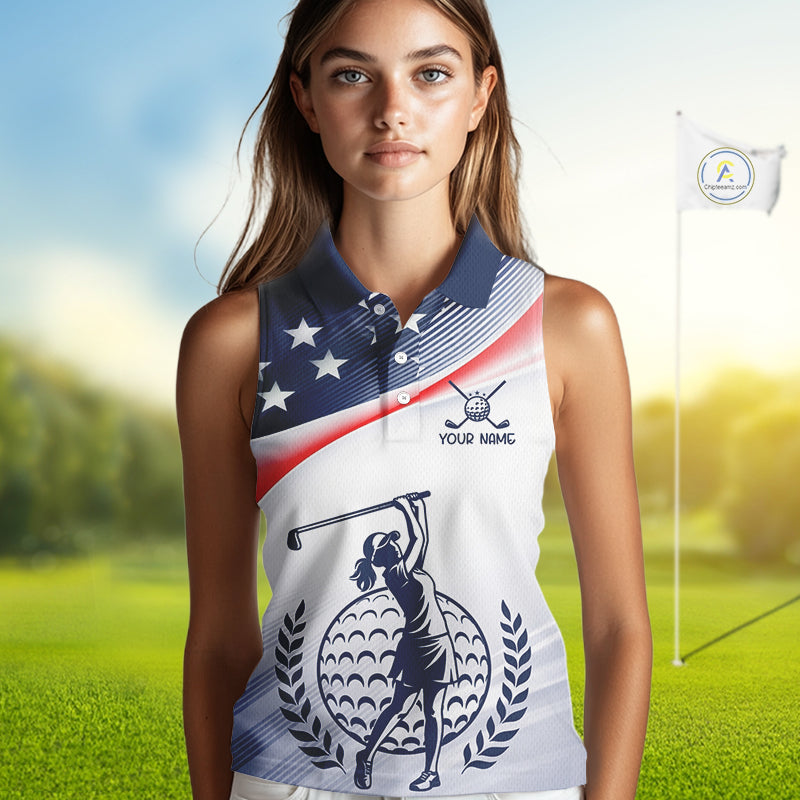 American Flag White Women Sleeveless Golf Polo Shirts Custom Patriotic Womens Golf Top, Golf Gifts NBT547