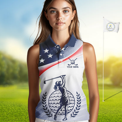 American Flag White Women Sleeveless Golf Polo Shirts Custom Patriotic Womens Golf Top, Golf Gifts NBT547