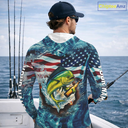 American Flag Mahi Mahi (Dorado) Fishing Custom Name Blue Water Camo Long Sleeve Hooded Fishing Shirt NBT689