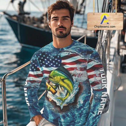 American Flag Mahi Mahi (Dorado) Fishing Custom Name Blue Water Camo Long Sleeve Fishing Shirt NBT689