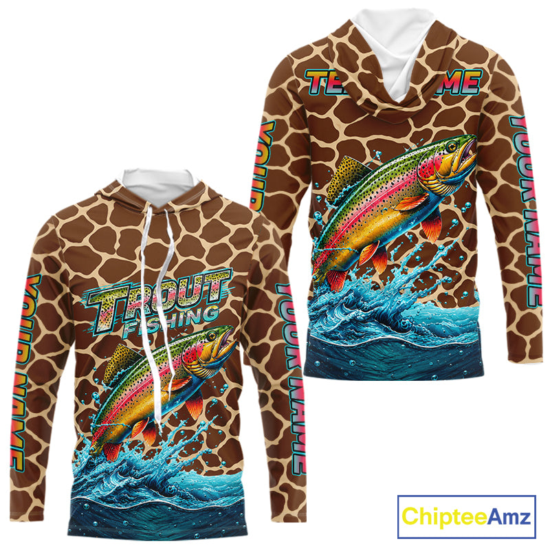 Rainbow Trout Fishing Custom Name Brown Camo Long Sleeve Hooded Fishing Shirts, Trout Team Fishing Jerseys NBT1103