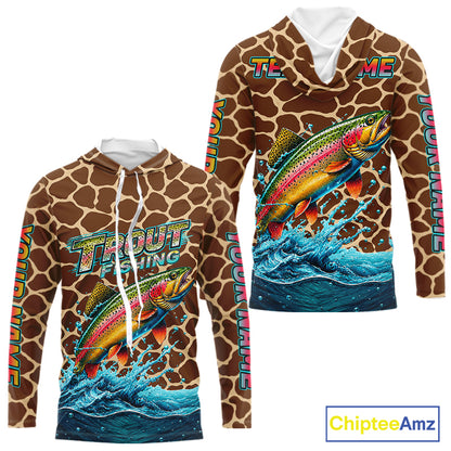 Rainbow Trout Fishing Custom Name Brown Camo Long Sleeve Hooded Fishing Shirts, Trout Team Fishing Jerseys NBT1103