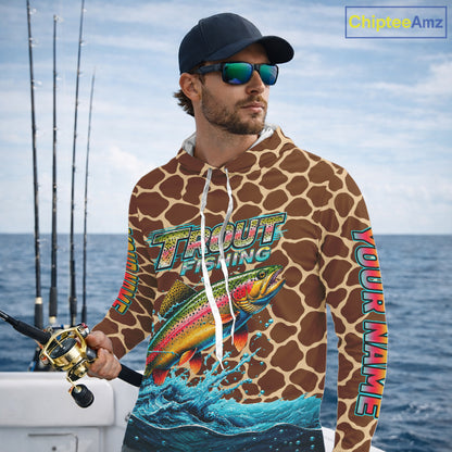 Rainbow Trout Fishing Custom Name Brown Camo Long Sleeve Hooded Fishing Shirts, Trout Team Fishing Jerseys NBT1103