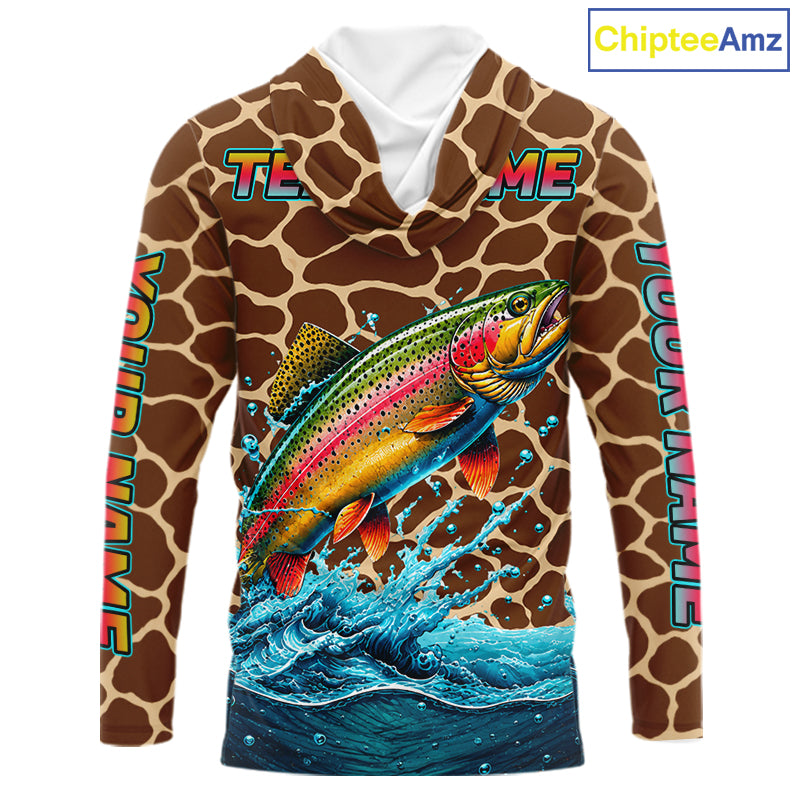 Rainbow Trout Fishing Custom Name Brown Camo Long Sleeve Hooded Fishing Shirts, Trout Team Fishing Jerseys NBT1103