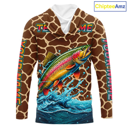 Rainbow Trout Fishing Custom Name Brown Camo Long Sleeve Hooded Fishing Shirts, Trout Team Fishing Jerseys NBT1103