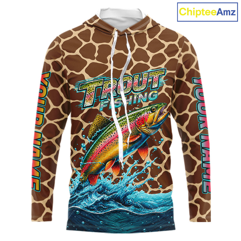 Rainbow Trout Fishing Custom Name Brown Camo Long Sleeve Hooded Fishing Shirts, Trout Team Fishing Jerseys NBT1103