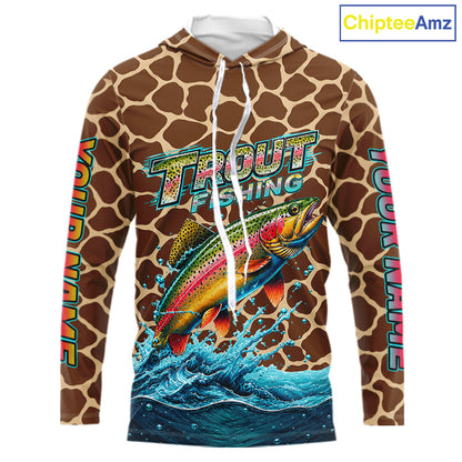 Rainbow Trout Fishing Custom Name Brown Camo Long Sleeve Hooded Fishing Shirts, Trout Team Fishing Jerseys NBT1103