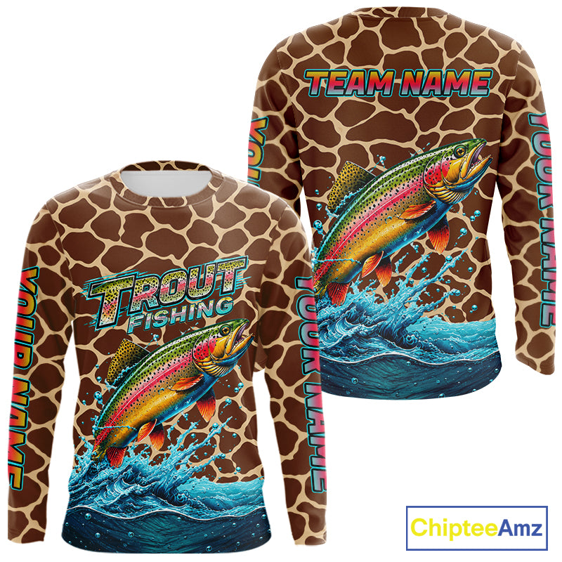 Rainbow Trout Fishing Custom Name Brown Camo Long Sleeve Fishing Shirts, Trout Team Fishing Jerseys NBT1103