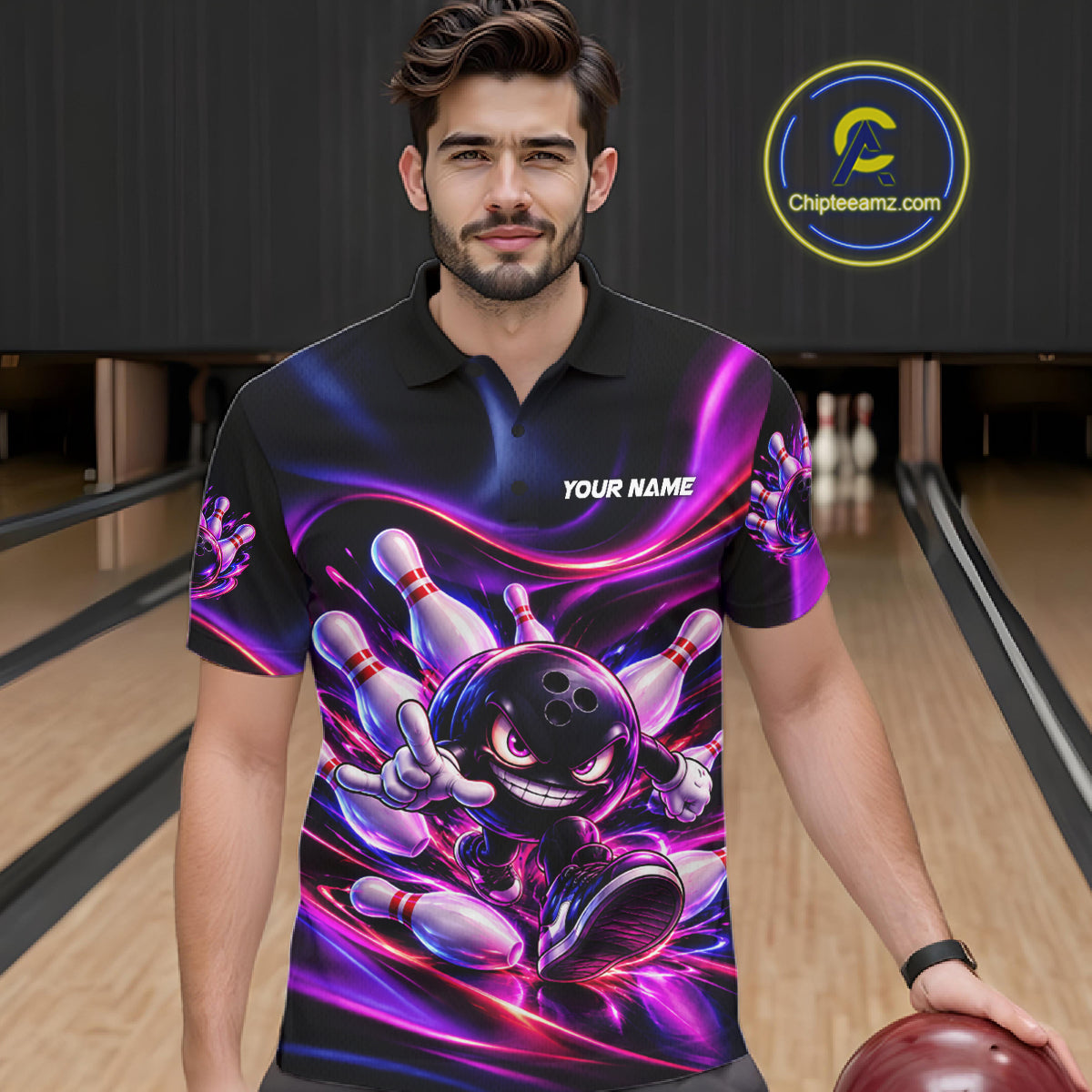 Custom Funny Bowling Shirts For Men Neon Bowling Team Jersey Polo Quarter Zip Bowling League NBT1104