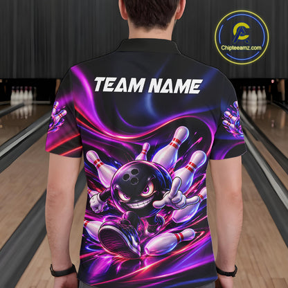 Custom Funny Bowling Shirts For Men Neon Bowling Team Jersey Polo Quarter Zip Bowling League NBT1104