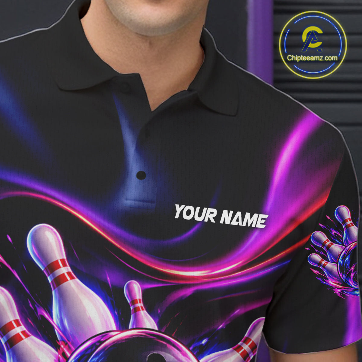 Custom Funny Bowling Shirts For Men Neon Bowling Team Jersey Polo Quarter Zip Bowling League NBT1104