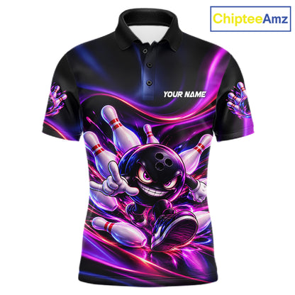 Custom Funny Bowling Shirts For Men Neon Bowling Team Jersey Polo Quarter Zip Bowling League NBT1104