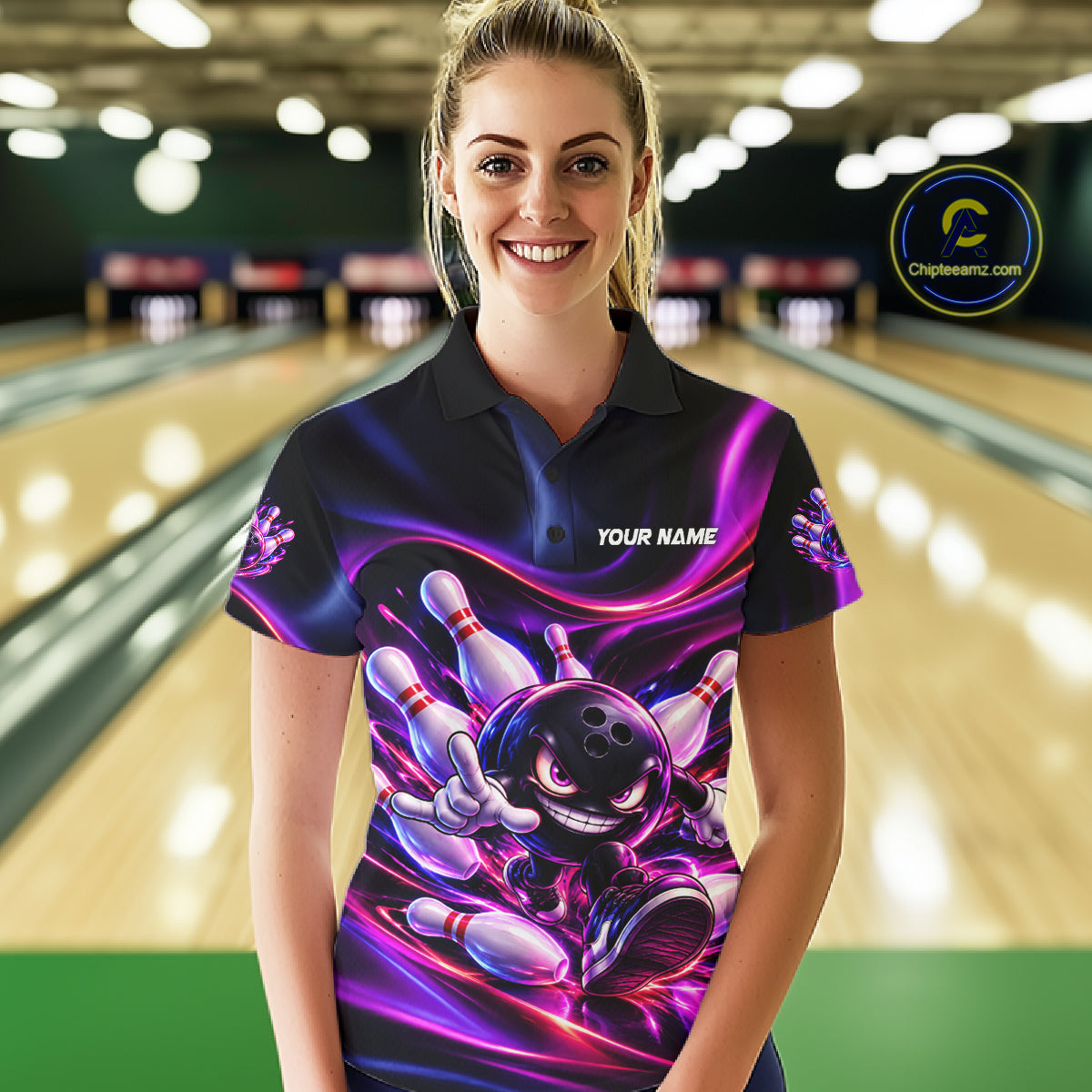 Custom Funny Bowling Shirts For Women Neon Bowling Team Jersey Polo Quarter Zip Bowling League NBT1104